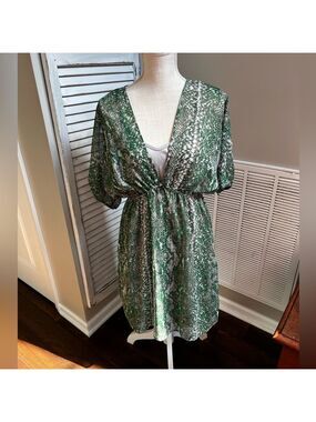 NWT Romeo & Juliet Couture green/gray silk blend fully lined dress. Size M